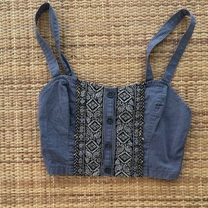 Staring at Stars Blue Embroidered Button-Front Crop Top